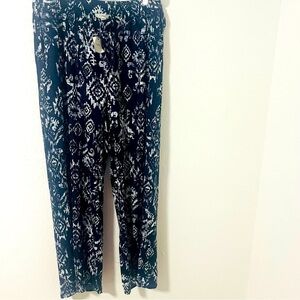 Cupio Women's XL All Over Print Pull On Wide Leg Pants Navy & White Relaxed NWT